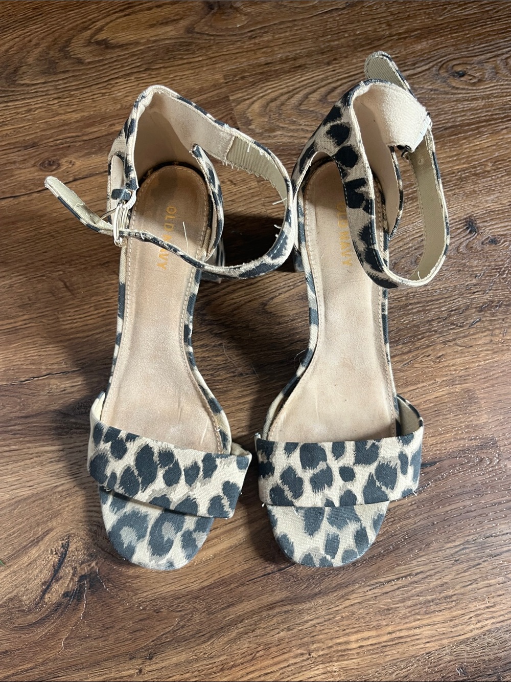 Old Navy Leopard-Print Ankle Strap Heels in Black and Tan